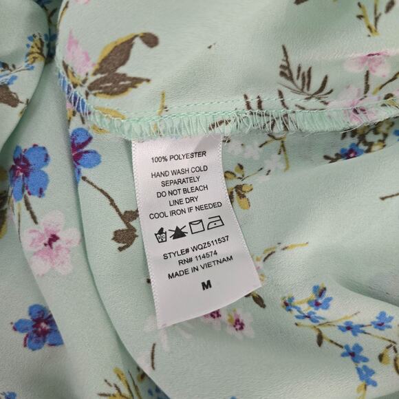 Pleione Women’s Mint Green Floral Short Sleeve Tie Neck Blouse Size M 6445 - Picture 7 of 8